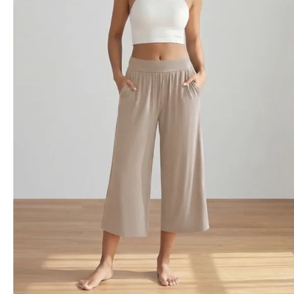 NWT ~ Plus Size Tan Wide Leg Cropped Casual Palazzo Pants Yoga Lounge ~ XXL - Image 4