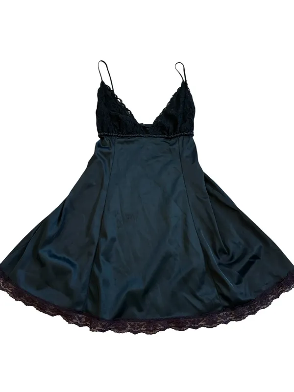 Vintage Silky Nylon Black Lingerie Slip Dress Lace Trim Empire Waist Dark Fairy - Image 4