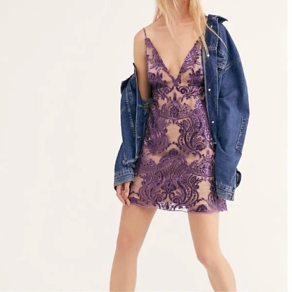 Free People Night Shimmer Mini-Dress Size 0 Sundown Purple Sequins Sleeveless - Image 2