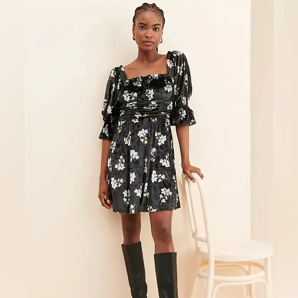 Anthropologie Hutch Velvet‎ Floral Mini Dress size xl black and green whimsical - Image 9