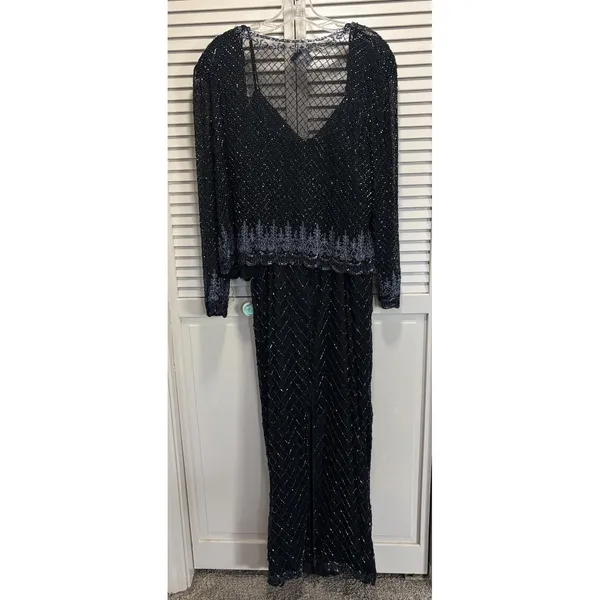Stenay Black Silk Full Bead Gown & Jacket Sz 14 Adj Straps Lined Sparkle Formal - Image 6