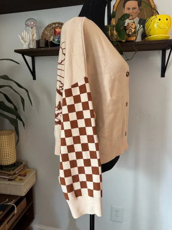 NWT Tan & Brown Checkered Mountain Scene Button Down Cardigan Sweater - Image 2