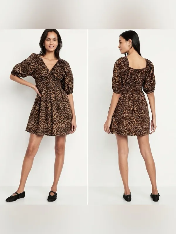 Old Navy Women’s V-Neck Leopard Smocked Puff Sleeve Mini Dress Size Large - Image 2