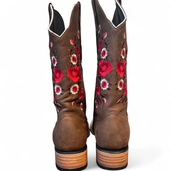 White Diamond Women’s Western Boots 7.5 Brown Leather Embroidered Square Toe - Image 7