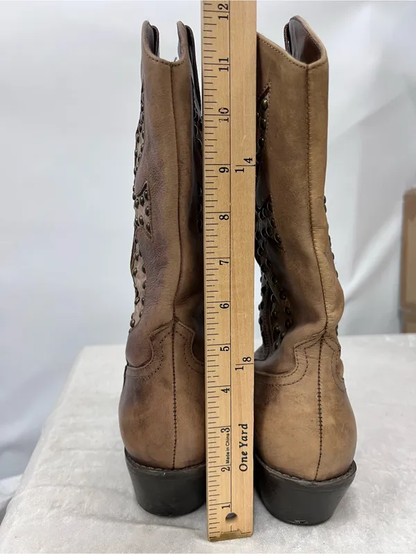 Women's Tan Leather Western Boots pointed toe w/Stud Detail 8 1/2M Cowboy rodeo - Image 5