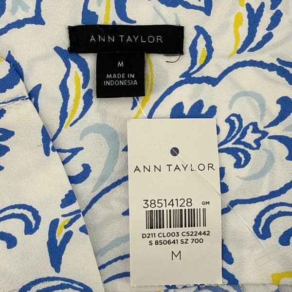 Ann Taylor NWT Women M Blue Yellow Floral Short Sleeve Split Neck Blouse Top - Image 2