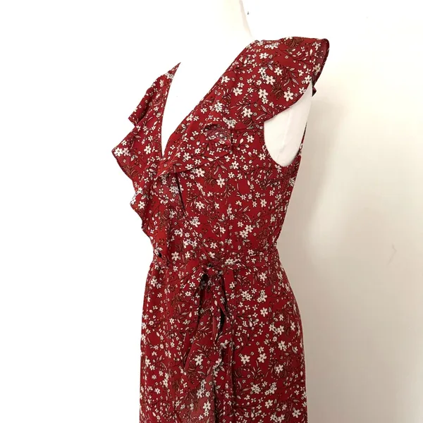 Max Studio Rust Floral Ruffle High Low Wrap Midi Dress Romantic Boho Summer Sz S - Image 4
