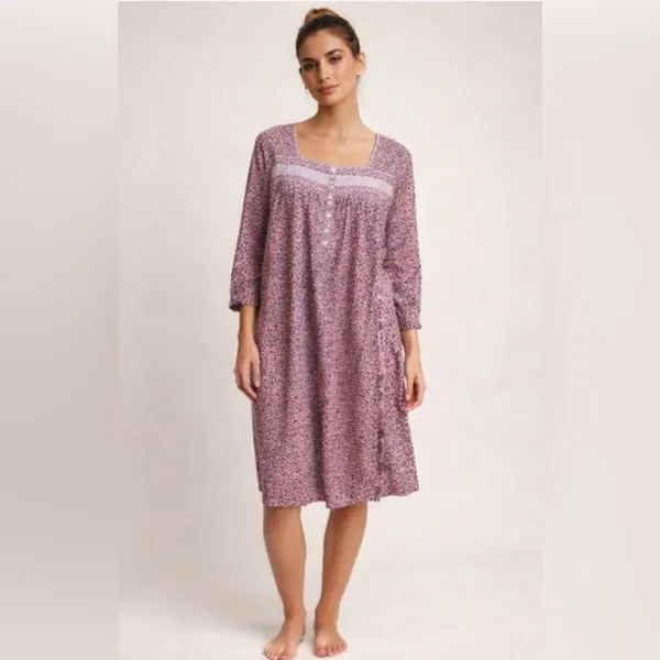Eileen West Pink Embroidered Floral Nightgown S Cotton Long Sleeve Ruffle Lace - Image 7