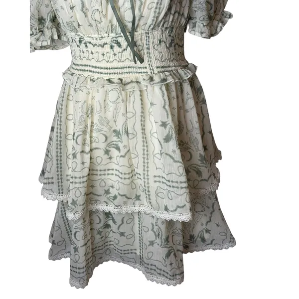 Francescas Mini Dress Women Small Green Toile Western Print Smocked Tiered Boho - Image 7
