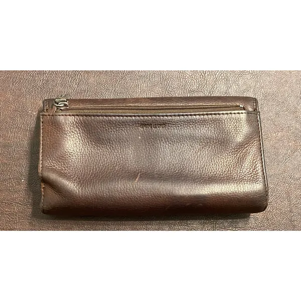 Fossil Genuine Leather Brown Checkbook Wallet Snap Flap Organizer Long Wallet - Image 3