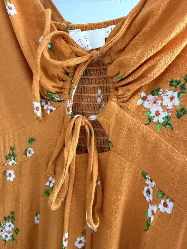 ASTR The Label Mustard Floral Ruched Midi Slip Dress Size S Tie Front Summer - Image 5