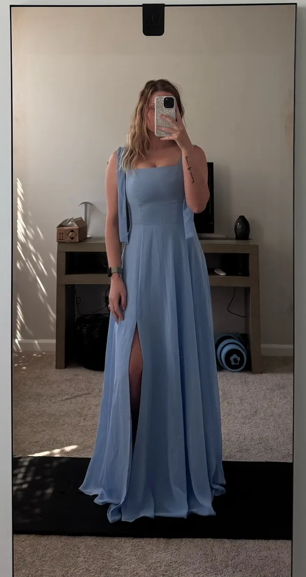 JJ's House Yaxeni Celadon A-line Square Chiffon Dress #298073 - Image 2