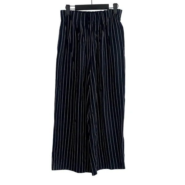 Zara Striped Wide Leg Crop Paperbag Trousers Elastic Waist Pockets S Black White - Image 2