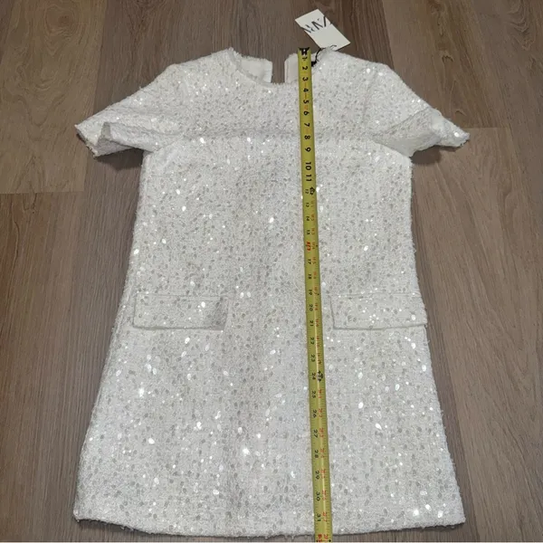 Zara White & Silver Sequin Tweed Short Sleeve Mini Dress - Size XS - Image 5
