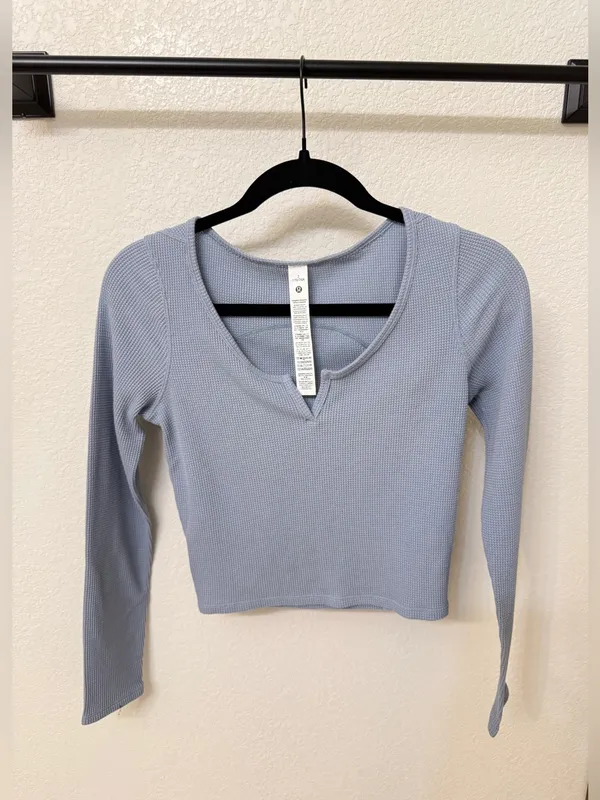 Lululemon Waffle Cotton-Blend Henley Long-Sleeve Shirt Concrete Blue CRTB Size 2 - Image 2