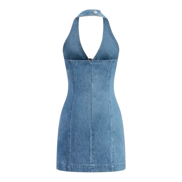 COMMENSE Halter Neck Buckle Detail Denim Dress COLOR - Blue, NWT Large - Image 2
