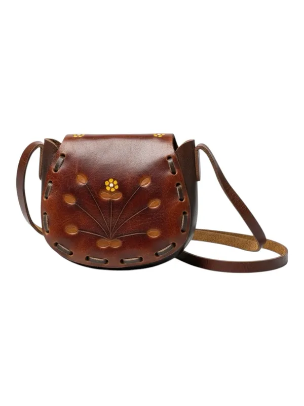 Vintage 70’s: OOAK Handpainted Hippie Flower ✌︎︎ Mini Handbag ✌︎︎ Saddle Leather - Image 5