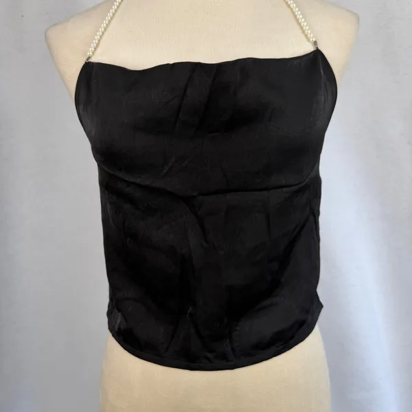 Black Satin Faux Pearl Halter Top Cropped Cowl Neck Evening Blouse Small Chic‎ - Image 2