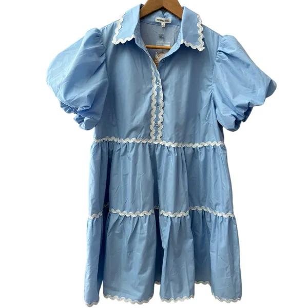 Mainstrip Puffed Sleeve Ric Rac Trimmed Solid Mini Dress‎ Blue Size Large - Image 6