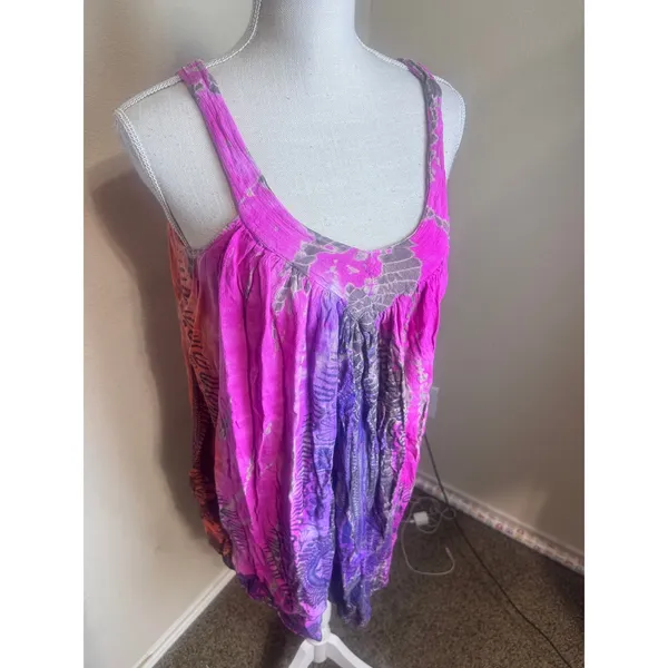 Sol Flower Tie Dye Tank Top Pink Purple Orange Rayon Boho Festival Tunic Free - Image 2
