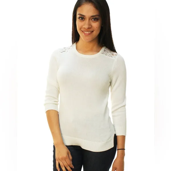 Lauren Ralph Lauren White Floral Lace‎ Crew Neck 3/4 Sleeve Crewneck Sweater - Image 2