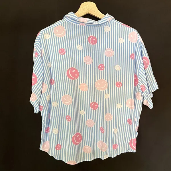 Joe Boxer Sleepwear women's XL rayon short sleeved button down‎ blue smiley face - Image 6