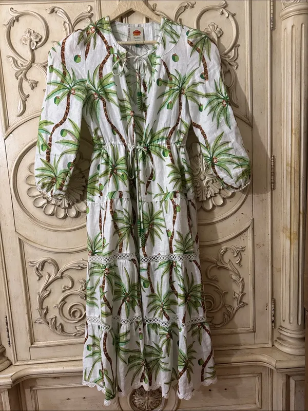 Farm Rio Bohemian Palm Tree Print Cotton Maxi Long Sleeve Dress Size Small - Image 3