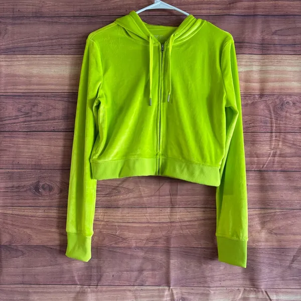 Aerie Real Good Neon Lime Green Velour Cropped Zip Up Hoodie Medium - Image 12