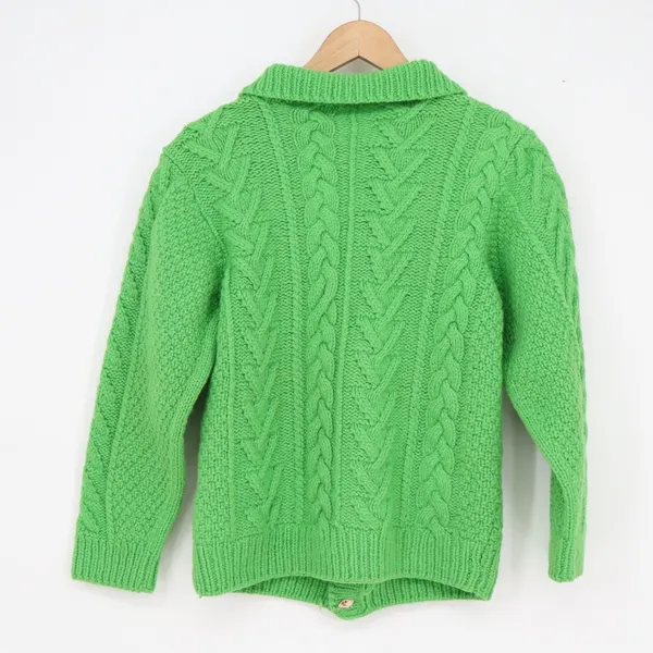 Vintage Handmade Green Cable Knit Cardigan Button Up Chunky Collared Sweater - Image 3