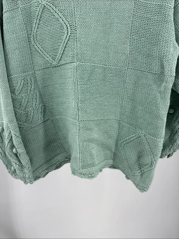 Melbourne Elements Pom Pom crochet Knit Patchwork Sweater sage L cottage - Image 4