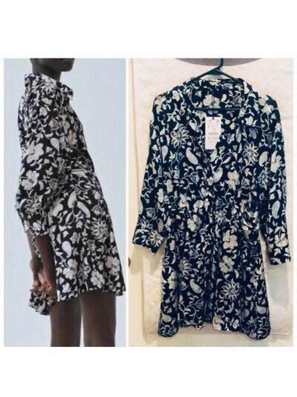 Zara Navy Blue & White Floral Mini Shirt Dress - Image 2