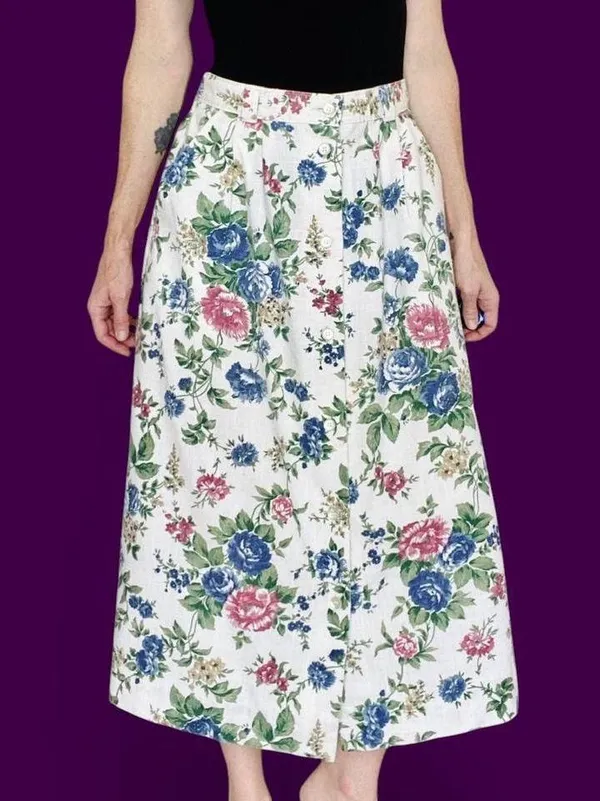 Vintage I.C. Isaacs Cream Floral Cottage Button Midi Skirt - Image 2