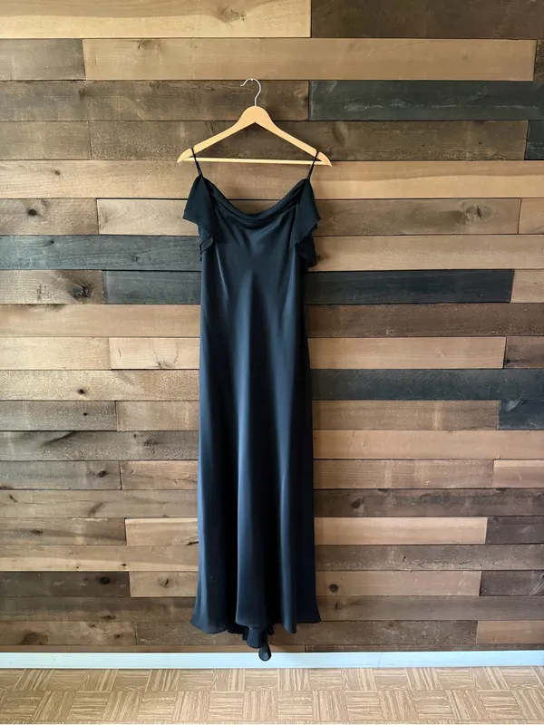 Vintage Y2K Cachet Black Satin Cowl Neck Ruffle Maxi Dress Size 8 - Image 6