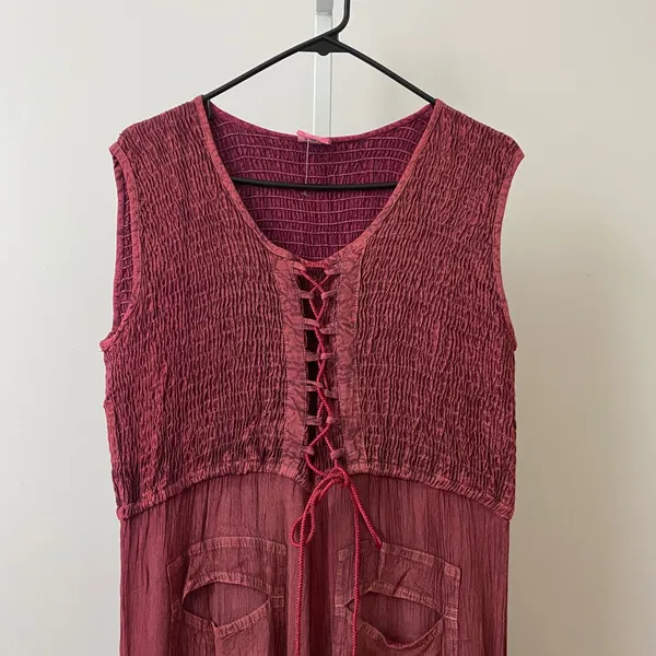 Fashion Terminal Cotton Boho Lagenlook Fairy Peasant Maxi Dress OS Burgundy - Image 2