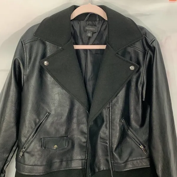 NWT |‎ Halogen Black Asymmetric Zip Mix Media Faux Leather Coat Jacket - Image 2