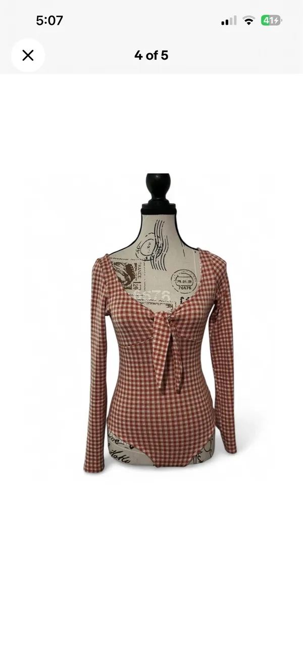 Storia Red White Gingham Check Long Sleeve Bodysuit Front Tie Keyhole Bow Small - Image 6
