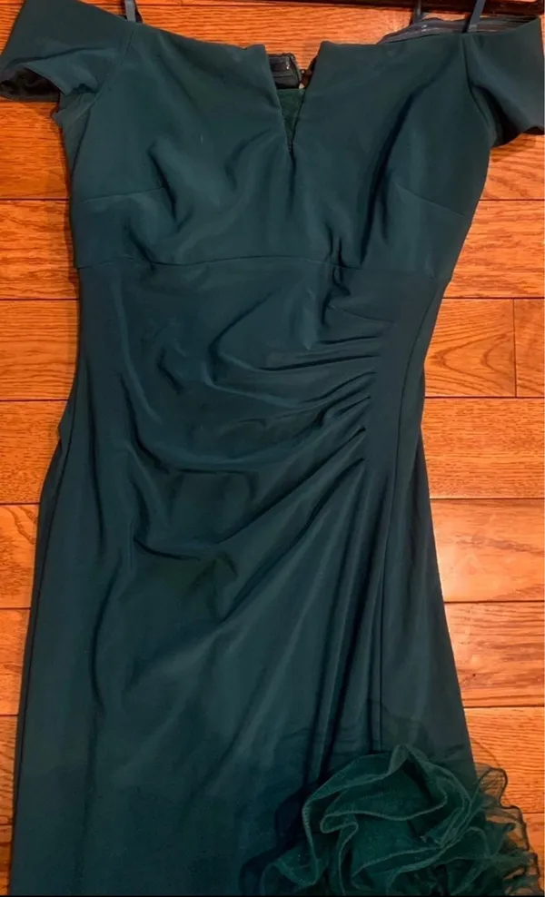 Xscape Off-The-Shoulder Ruched hunter green Gown with Custom Ruffle Detail 8 - Image 9