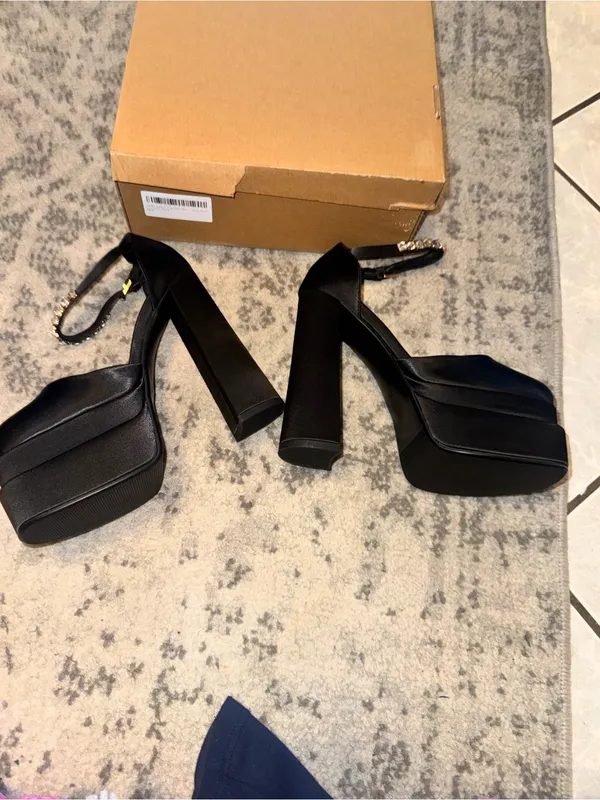 New Black Satin Platform Heels with Jeweled Ankle Strap size 36 (6) - Image 8