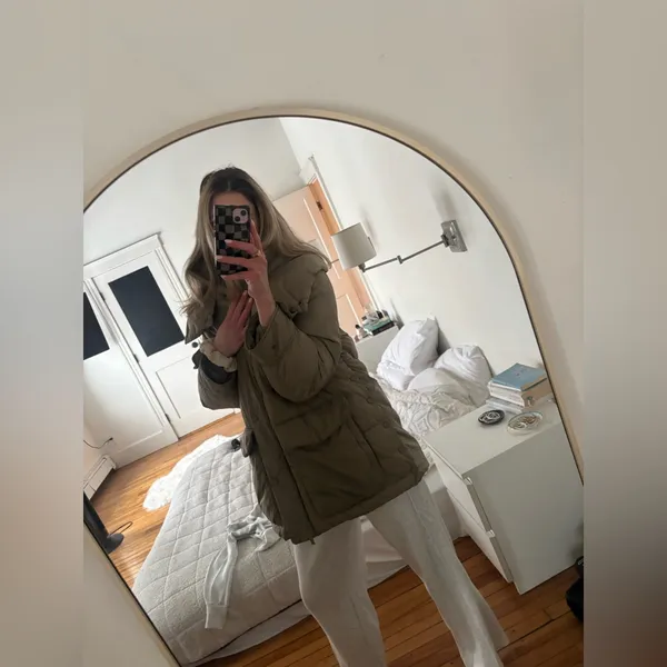 ZARA light brown olive puffer coat size SMALL with hood - Image 2