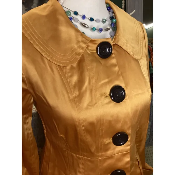L.N. San Francisco Mustard Gold Satin Fit and Flare Pleated Jacket Size S - Image 2