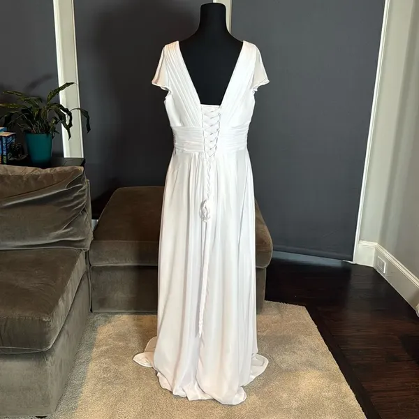 Women’s White Full Length Chiffon Dress Flutter Sleeves Corset Back Size 14 - Image 5