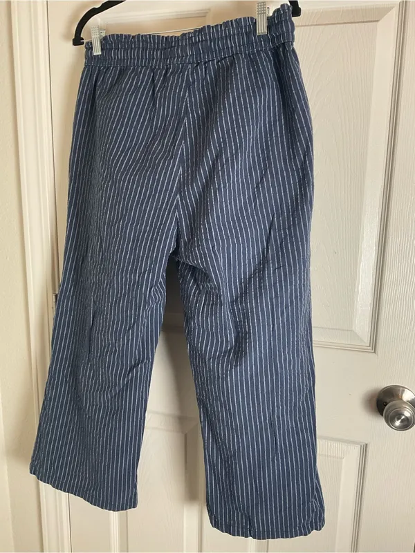Women’s Blue & White Striped Linen Blend Wide Leg Pants Drawstring Lounge Size L - Image 8