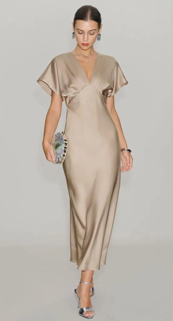 Rihoas Apricot V Neck A-Line Satin Midi Dress - Image 3