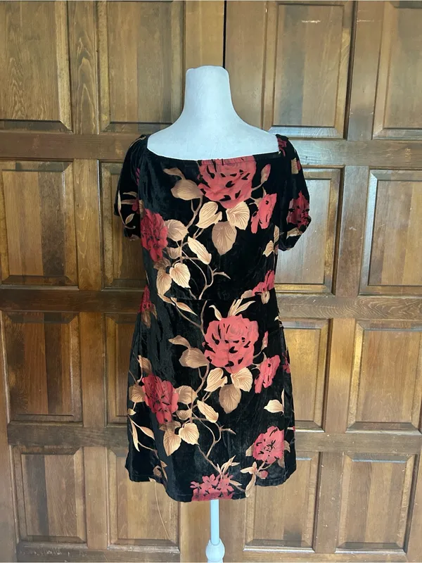 Moon River Velvet Floral Dress L Whimsigoth Rose Off Shoulder Jacquard Mini - Image 4
