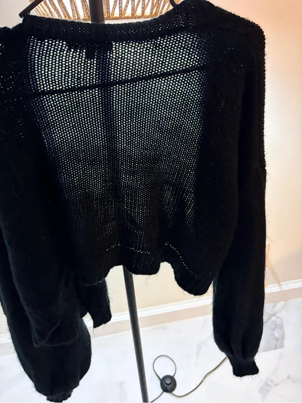 Love Tree Black Cropped Cardigan with Cream Floral Appliqués - Image 7