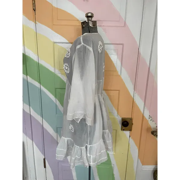 Antica Sartoria White Cotton Gauze Floral Applique Boho Cover Up Free Size (M/L) - Image 4