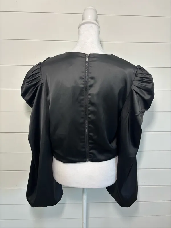Anthropologie Mare Mare Satin Puff-Sleeve Top Black Draped Puff-Sleeve Blouse - Image 5