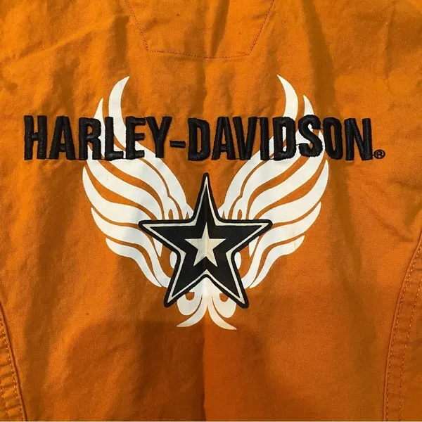 Harley Davidson Moto Sleeveless Orange Button Down Shirt Size Small - Image 6