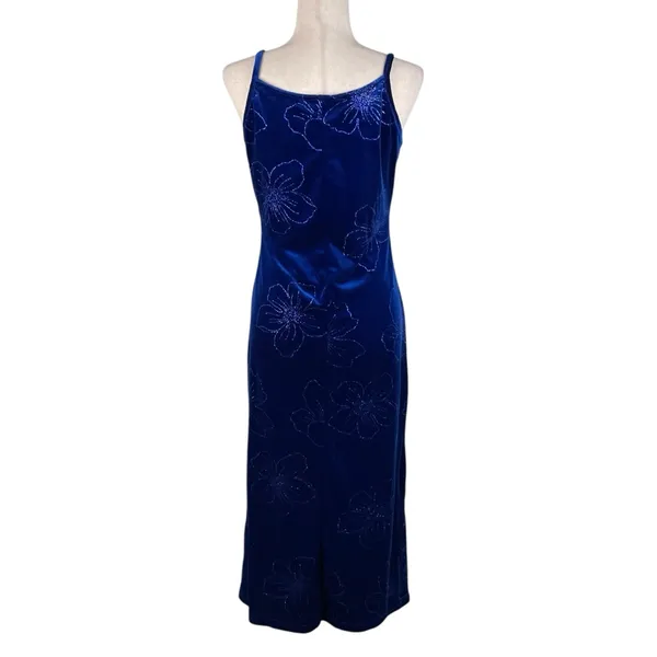 Vintage 90s Y2K Blue Velvet Flower Maxi Slip Dress Whimsigoth Fairycore Medium - Image 2