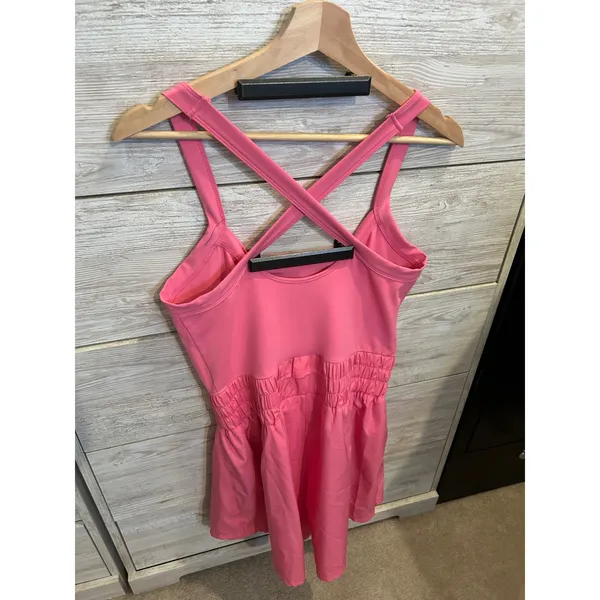 Pink Activewear Exercise Dress Cross Back Smocked Waist Athletic Mini Dress L - Image 5